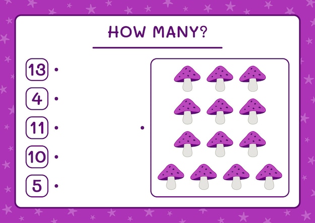 얼마나 많은 버섯, 어린이를위한 게임. 벡터 일러스트 레이 션, 인쇄용 워크시트