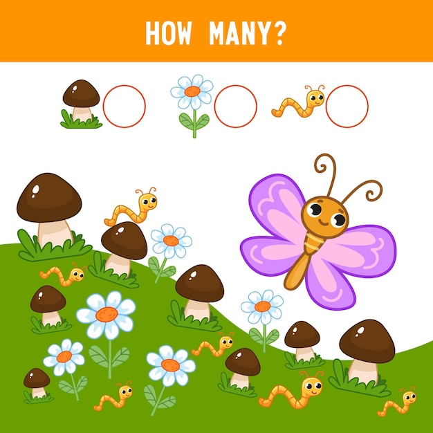 How many mushrooms next to a pink butterfly Math assignment Counting educational kids game