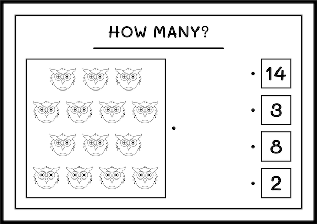 얼마나 많은 올빼미, 어린이를위한 게임. 벡터 일러스트 레이 션, 인쇄용 워크시트