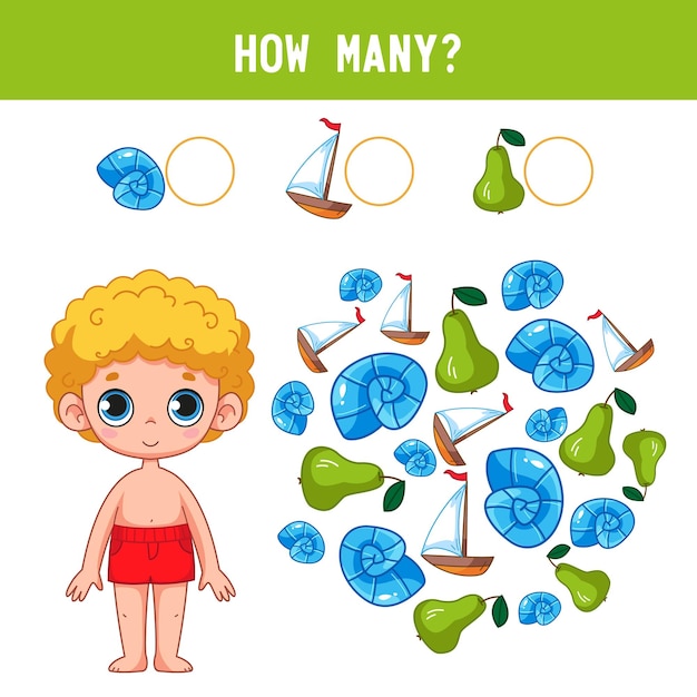 How many pears shells ships and fruits does the cute little boy in trunks have counting educational