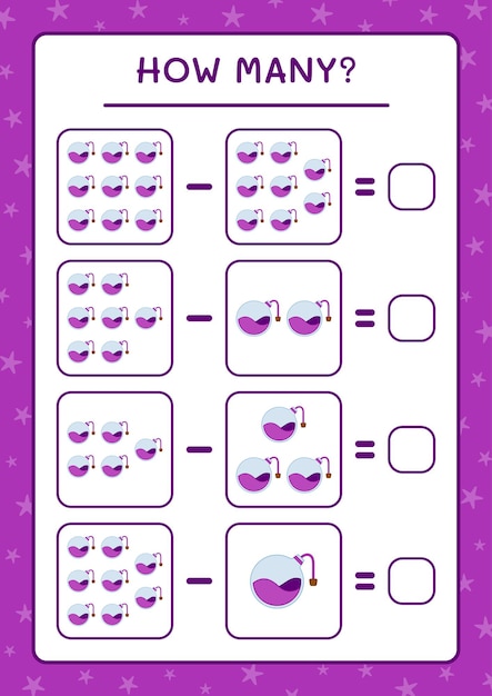 얼마나 많은 물약 병, 어린이를 위한 게임. 벡터 일러스트 레이 션, 인쇄용 워크시트