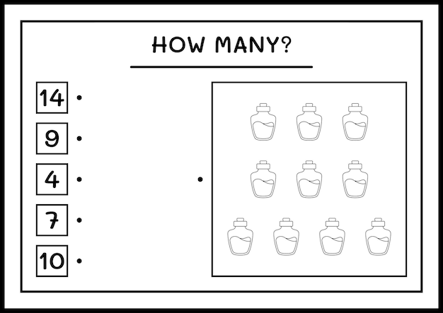 얼마나 많은 물약 병, 어린이를 위한 게임. 벡터 일러스트 레이 션, 인쇄용 워크시트