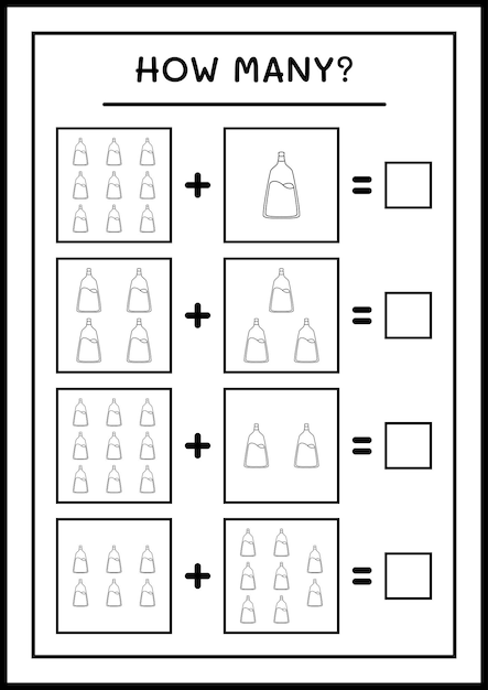 ポーションボトルの数、子供向けのゲーム。ベクトルイラスト、印刷可能なワークシート