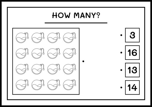 ポーションボトルの数、子供向けのゲーム。ベクトルイラスト、印刷可能なワークシート