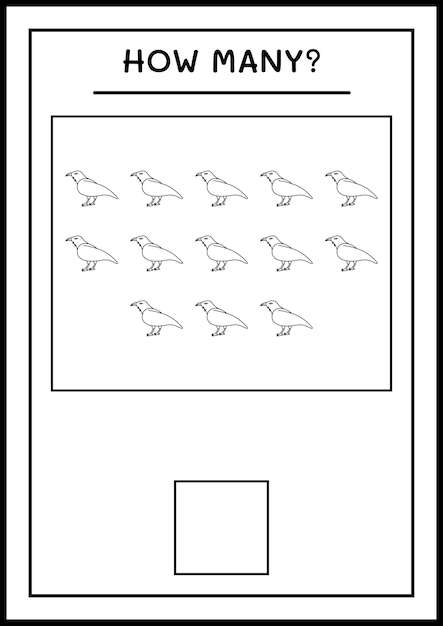 얼마나 많은 까마귀, 어린이용 게임. 벡터 일러스트 레이 션, 인쇄용 워크시트