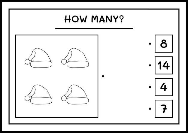 How many santa claus hat, game for children. Vector illustration, printable worksheet