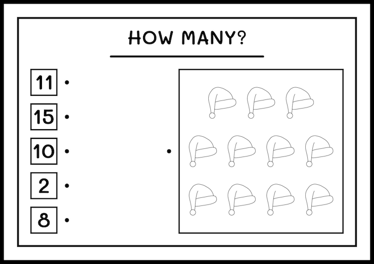 Vector how many santa claus hat, game for children. vector illustration, printable worksheet