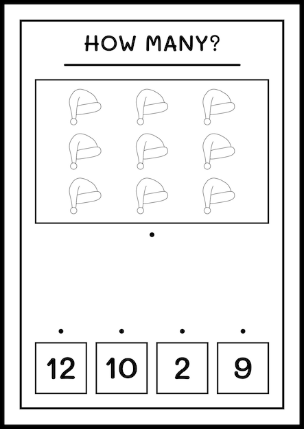 Сколько в шапке деда мороза, игра для детей. векторные иллюстрации, лист для печати