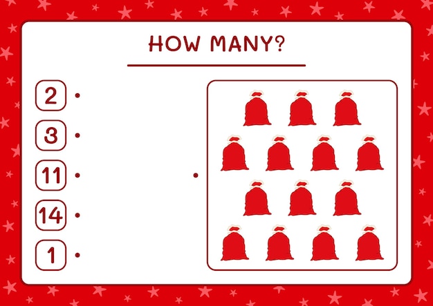 Сколько Санта-Клауса красный мешок, игра для детей. Векторные иллюстрации, лист для печати