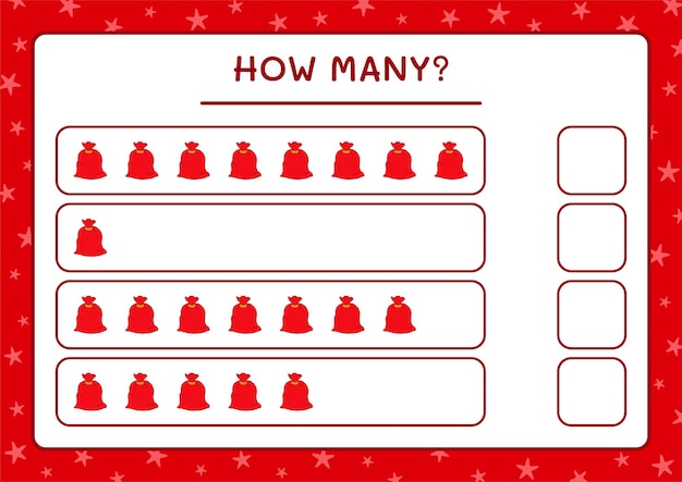 How many santa claus red bag, game for children. Vector illustration, printable worksheet