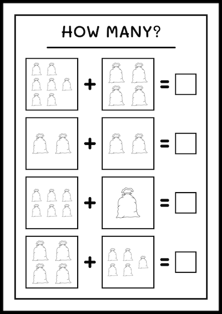 Quanti babbo natale borsa rossa, gioco per bambini. illustrazione vettoriale, foglio di lavoro stampabile