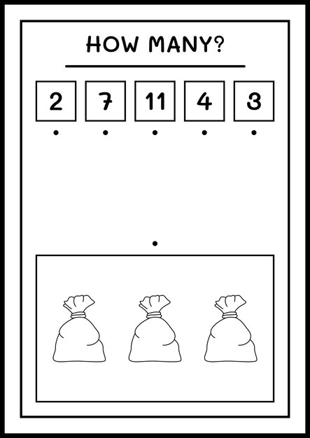 Сколько красных мешков санта-клауса, игра для детей. векторная иллюстрация, лист для печати