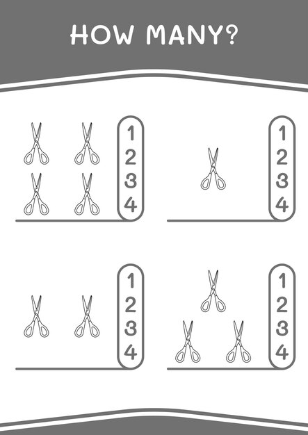 Quanti di giochi a forbice per bambini foglio di lavoro stampabile con illustrazione vettoriale
