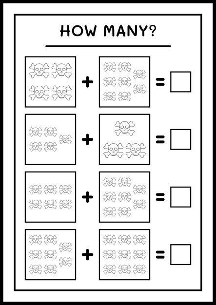 Quanti teschio, gioco per bambini. illustrazione vettoriale, foglio di lavoro stampabile