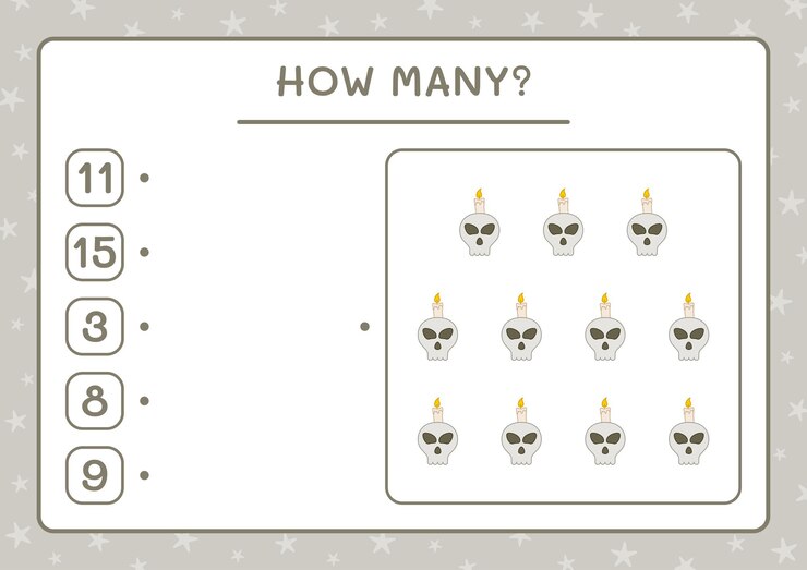 Vector how many skull with candle, game for children. vector illustration, printable worksheet