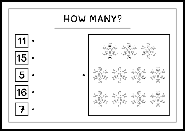 雪の結晶の数、子供向けのゲーム。ベクトルイラスト、印刷可能なワークシート