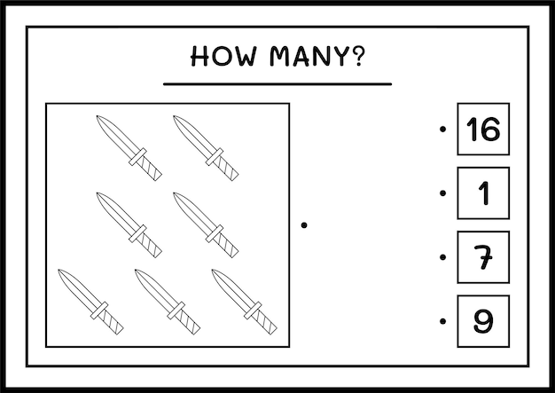 How many Sword, game for children. Vector illustration, printable worksheet