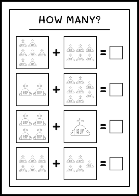 얼마나 많은 묘비, 어린이를위한 게임. 벡터 일러스트 레이 션, 인쇄용 워크시트
