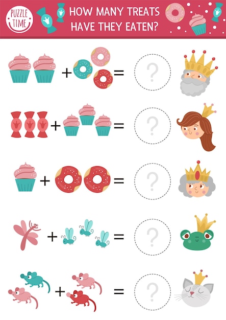 How many treats game with cute fairytale characters donuts sweets Magic kingdom math addition activity for preschool children Printable simple counting worksheet for kidsxA