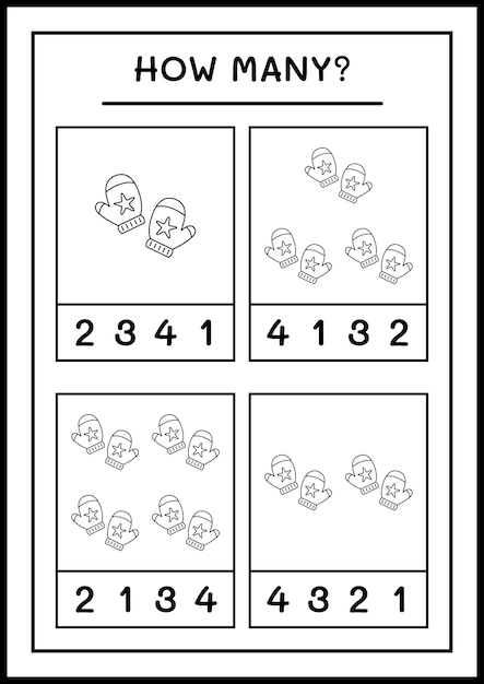 How many winter mittens, game for children. Vector illustration, printable worksheet