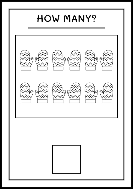 冬のミトンの数、子供向けのゲーム。ベクトルイラスト、印刷可能なワークシート
