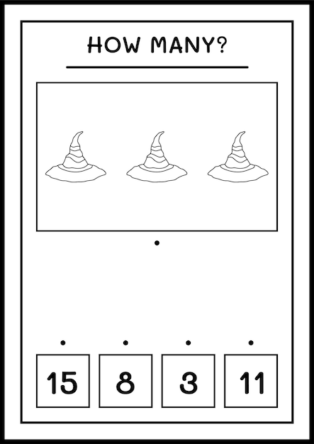 Сколько Witch Hat, игра для детей. Векторные иллюстрации, лист для печати