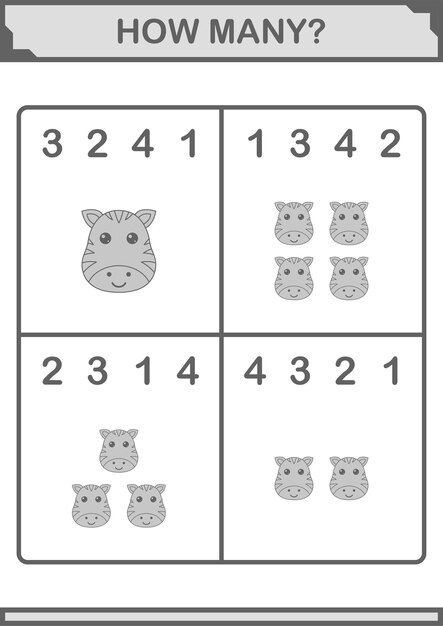 How Many Zebra face Worksheet for kids