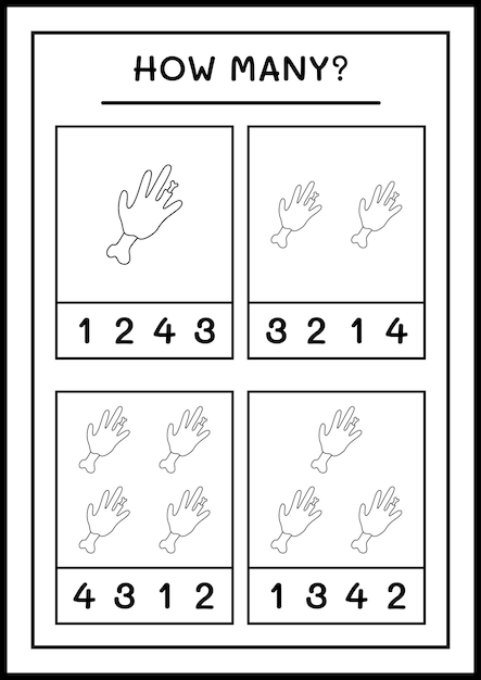 How many Zombie Hand, game for children. Vector illustration, printable worksheet