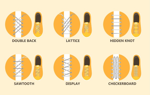 Come allacciare i lacci delle scarpe in diversi modi istruzioni. guida per bambino passo dopo passo. illustrazione vettoriale piatto isolato