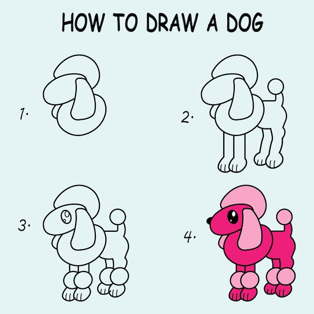 귀여운 강아지를 그리는 방법. 아이 아이 그림 그리기에 좋습니다. 벡터 일러스트 레이 션 | 프리미엄 벡터