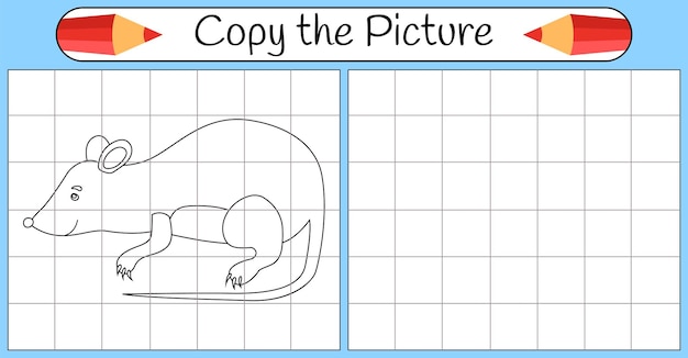 마우스를 그리는 방법 단계별로 그리드 학습 그리기 그리기 튜토리얼 아이들을 위한 수업 책 색칠 페이지 어린이 교육 미술 페이지 벡터 그림