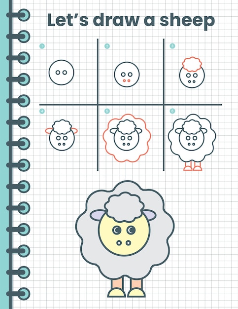 ベクトル 子供向けの羊の描き方.子供向けの簡単な描画手順。動物のベクトル図です。平らな動物