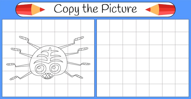 거미를 그리는 방법 단계별로 그리드 학습 무승부를 사용하는 방법 그림 자습서 아이들을 위한 수업 책 색칠 페이지 어린이 교육 예술 페이지 벡터 그림