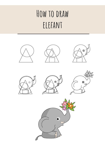벡터 아이 만화 벡터 일러스트 레이 션에 대 한 단계별 수업으로 귀여운 코끼리를 그리는 방법