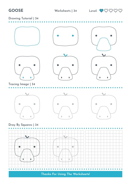 벡터 동물 거위 만화 캐릭터를 단계별로 그리는 방법 튜토리얼 활동
