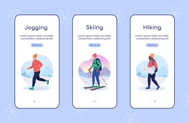 冬のオンボーディングモバイルアプリ画面フラットベクトルテンプレートでアクティブに滞在する方法