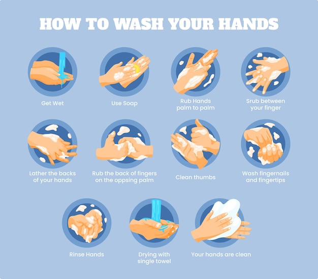 ベクトル 適切に手を洗う方法インフォグラフィックのステップバイステップ、個人の衛生、病気の予防