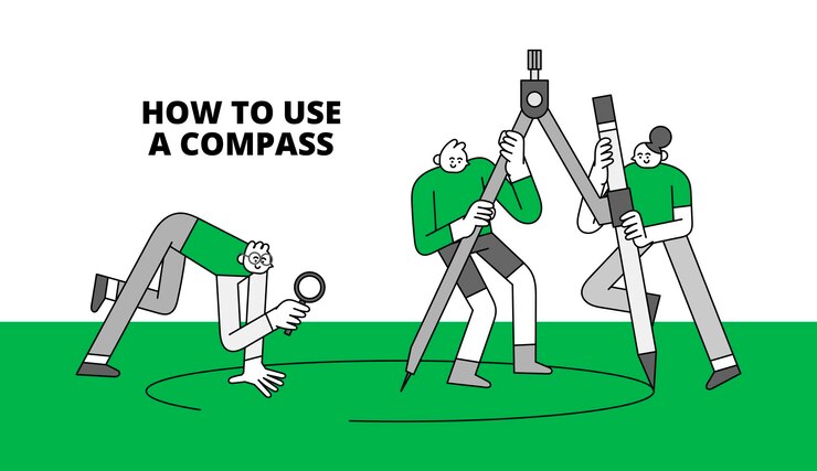 Vector how to use a compass hand drawn character illustration