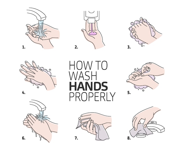 Vector how to wash your hands properly. handwashing. hands soaping and rinsing
