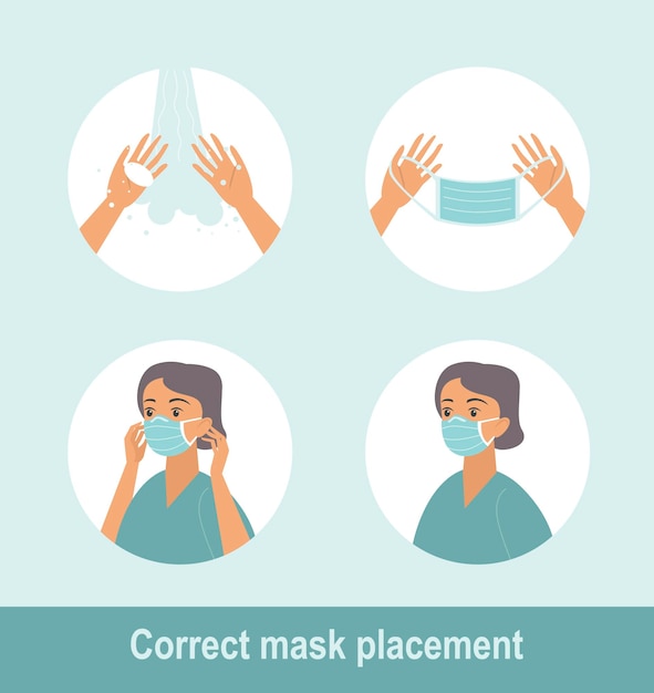 Vector how to wear medical mask properly step by step infographic illustration of how to wear a surgical mask