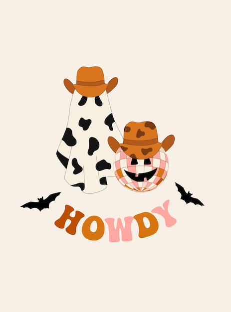 Vector howdy funny halloween poster disco ball and ghost wearing cowboy hat vector illustration