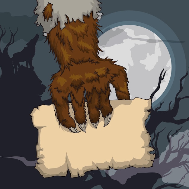 Vector howling werewolf holding a old paper in a spooky terror night with full moon night