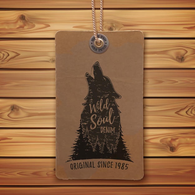 Vector howling wolf in the forest. logo template on realistic, vintage price tag, clothing label and wooden planks.