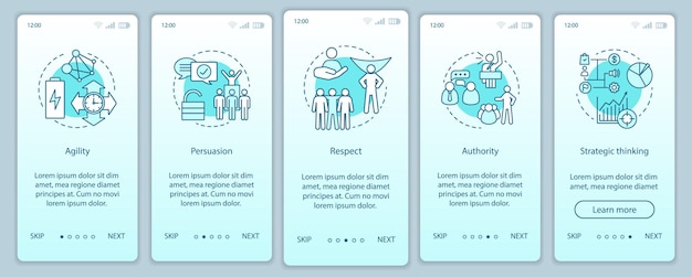 モバイルアプリページの画面ベクトルテンプレートをオンボーディングするhrベースラインスキル。従業員のソフトな資質、能力。尊敬、権威、説得のウォークスルーウェブサイトのステップ。 ux、ui、guiスマートフォンインターフェース