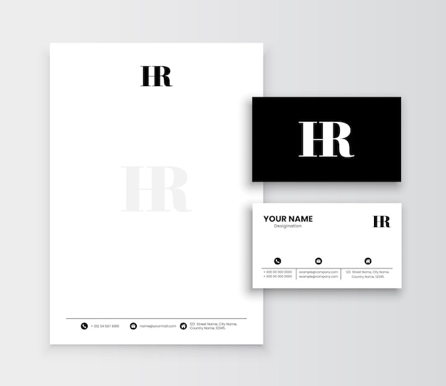 HR-briefmonogram met briefhoofd en visitekaartje ontwerp minimale zwart-wit kleur