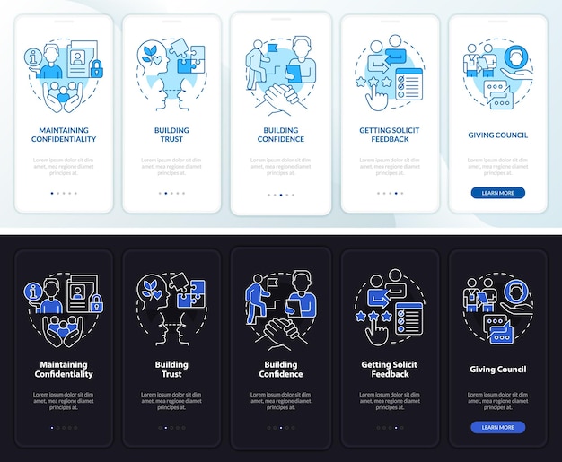 HR-communicatieve vaardigheden nacht- en dagmodus onboarding mobiele app-scherm Doorloop 5 stappen grafische instructiepagina's met lineaire concepten UI UX GUI-sjabloon Myriad ProBold Regelmatige gebruikte lettertypen