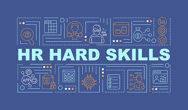 HR hard skills word concepts dark blue banner Technology for employment Infographics with icons on color background Isolated typography Vector illustration with text ArialBlack font used