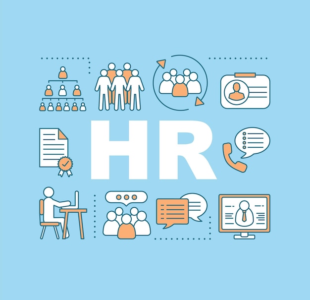 Vector hr management word concepts banner. human resources. employment. recruitment. staff hiring. isolated lettering typography idea with linear icons. vector outline illustration