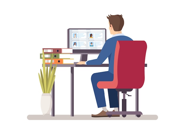 HR manager choosing applicants resume flat vector illustration. Recruiter, employer search staff, reading candidates cv on PC. Employment, recruitment service. Boss looking for personal assistant