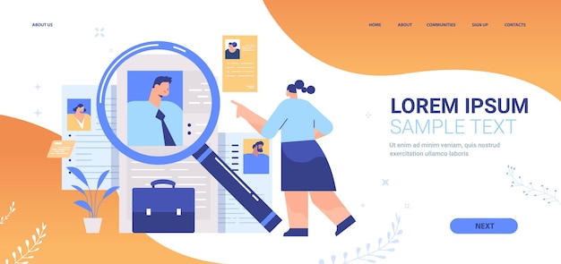 ベクトル 新入社員のランディングページの写真と個人情報を含む履歴書履歴書を選択する人事マネージャー